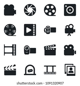 Set of vector isolated black icon - ticket office vector, clapboard, film frame, reel, video camera, mobile, photo gallery