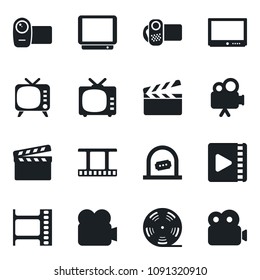 Set of vector isolated black icon - ticket office vector, clapboard, film frame, reel, tv, video camera