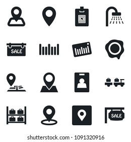 Set of vector isolated black icon - shower vector, baggage larry, luggage storage, stamp, navigation, pin, barcode, place tag, identity card, sale