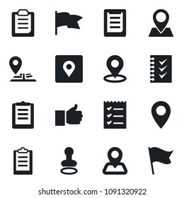 Set of vector isolated black icon - stamp vector, navigation, pin, clipboard, finger up, place tag, checklist, flag