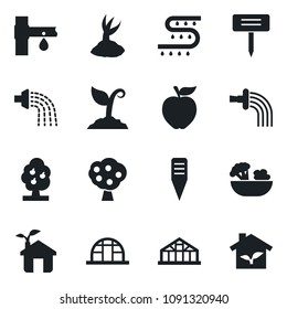 Set of vector isolated black icon - watering vector, sproute, plant label, greenhouse, drip irrigation, fruit tree, salad, apple, eco house