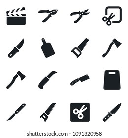 Set of vector isolated black icon - pruner vector, saw, garden knife, axe, scalpel, clapboard, cut, cutting board