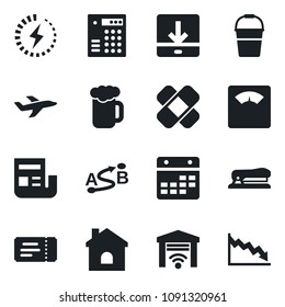 Set of vector isolated black icon - ticket vector, bucket, house, scales, patch, plane, route, calendar, download, charge, news, stapler, beer, garage gate control, combination lock, crisis