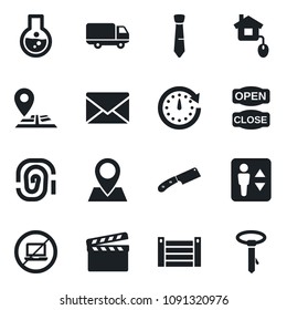 Set of vector isolated black icon - elevator vector, no laptop, mail, navigation, pin, car delivery, container, clapboard, tie, open close, knife, home control, fingerprint, clock, flask
