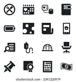 Set of vector isolated black icon - document search vector, abacus, drawing pin, greenhouse, blood pressure, dropper, medical calendar, battery, sertificate, news, office chair, cafe, cheese, cash
