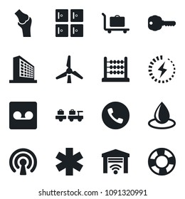 Set of vector isolated black icon - baggage trolley vector, phone, larry, checkroom, office building, water drop, ambulance star, joint, record, charge, abacus, windmill, key, wireless