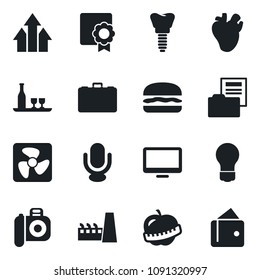 Set of vector isolated black icon - case vector, bulb, real heart, implant, diet, camera, microphone, monitor, sertificate, document folder, factory, alcohol, hamburger, fan, arrow up graph, wallet