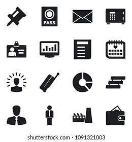 Set of vector isolated black icon - suitcase vector, passport, safe, manager, mail, identity card, document, circle chart, medical calendar, client, monitor statistics, drawing pin, paper tray