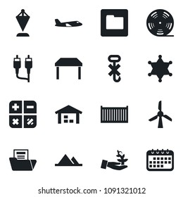 Set of vector isolated black icon - plane vector, calculator, pennant, cargo container, no hook, reel, rca, folder, document, mountains, warehouse, table, police, windmill, palm sproute, calendar