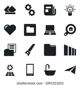 Set of vector isolated black icon - notebook pc vector, saw, heart, sorting, news, mobile, folder, document, estate search, bathroom, serviette, gear, sun panel, idea, paper plane