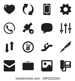 Set of vector isolated black icon - escalator vector, no mobile, phone, case, satellite, heart, message, update, gallery, settings, tuning, mail, data exchange, pen, intercome