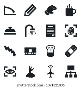 Set of vector isolated black icon - plane radar vector, hot cup, crisis graph, pencil, sproute, glove, patch, railroad, contract, bathroom, reception, fingerprint, bulb, eye scan, hierarchy