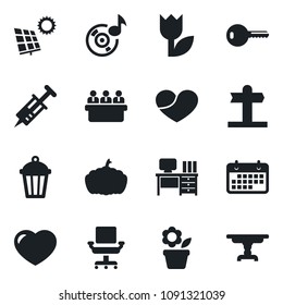 Set of vector isolated black icon - desk vector, meeting, flower in pot, pumpkin, garden light, syringe, signpost, term, tulip, heart, music, office chair, sun panel, key, table