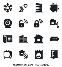 Set of vector isolated black icon - tv vector, office phone, house, building, cushioned furniture, city, estate insurance, home control, chip, wireless lock, web camera, snowflake, washer, sun panel