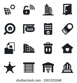 Set of vector isolated black icon - sun panel vector, estate document, sold signboard, office building, search, sweet home, wireless lock, remote control, jalousie, garage gate, police, trash bin