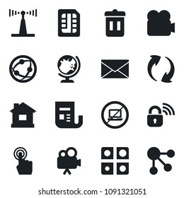 Set of vector isolated black icon - no laptop vector, globe, mail, house, antenna, news, video camera, network, touch screen, update, sim, application, wireless lock, trash bin, social media