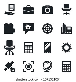 Set of vector isolated black icon - globe vector, case, document, sun, satellite, camera, video, radio phone, mobile, eye id, calculator, office chair, target, home message