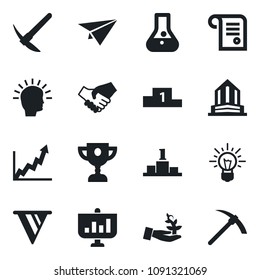 Set of vector isolated black icon - palm sproute vector, shining head, handshake, pennon, growth graph, idea, flask, paper plane, pedestal, award cup, presentation, contract, office building