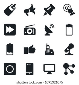 Set of vector isolated black icon - satellite antenna vector, microphone, radio, loudspeaker, cell phone, touch screen, monitor, finger up, paper pin, battery, low, fast forward, rca, record