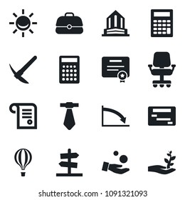 Set of vector isolated black icon - alarm led vector, crisis, office chair, investment, case, calculator, schedule, certificate, contract, tie, building, guidepost, hard work, air balloon