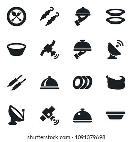 Set of vector isolated black icon - spoon and fork vector, satellite antenna, dish, plates, waiter, chicken, kebab, bowl