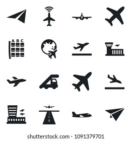 Set of vector isolated black icon - plane vector, runway, radar, departure, arrival, ladder car, seat map, globe, airport building, paper
