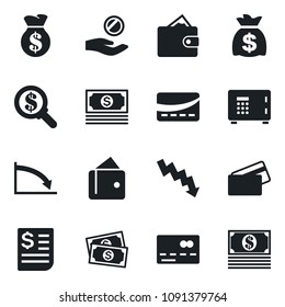 Set of vector isolated black icon - credit card vector, safe, money bag, crisis graph, cash, receipt, wallet, search, investment