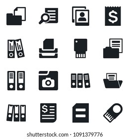 Set of vector isolated black icon - office binder vector, document search, receipt, folder, photo gallery, paper, tray, usb flash