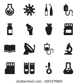 Set of vector isolated black icon - satellite antenna vector, book, dropper, microscope, ampoule, real heart, joint, virus, sd, thermometer, flask