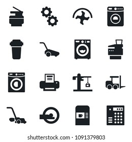 Set of vector isolated black icon - coffee machine vector, washer, fork loader, ripper, lawn mower, tomography, printer, copier, crane, gear, water filter, combination lock
