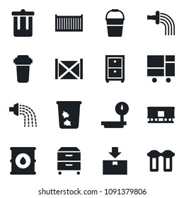 Set of vector isolated black icon - trash bin vector, bucket, watering, cargo container, consolidated, package, oil barrel, heavy scales, railroad, archive box, water filter