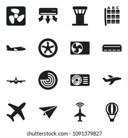 Set of vector isolated black icon - airport tower vector, plane radar, seat map, air conditioner, fan, paper, balloon