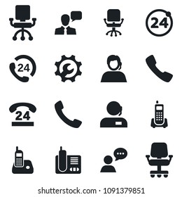 Set of vector isolated black icon - 24 around vector, office chair, phone, hours, support, speaker, radio, call, root setup