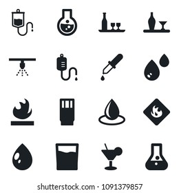 Set of vector isolated black icon - water drop vector, dropper, flammable, alcohol, drink, cocktail, sprinkler, flask
