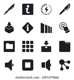 Set of vector isolated black icon - package vector, sorting, touch screen, stop button, menu, folder, charge, pen, sound, information, social media