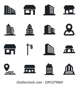 Set of vector isolated black icon - shop vector, office building, garden light, navigation, city house, cafe, storefront