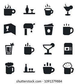 Set of vector isolated black icon - hot cup vector, coffee machine, water supply, alcohol, wine card, cocktail, phyto bar, beer