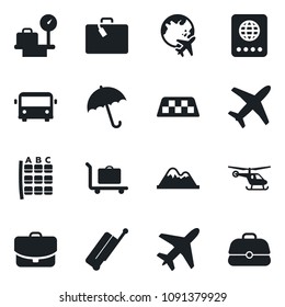 Set of vector isolated black icon - plane vector, taxi, suitcase, baggage trolley, airport bus, umbrella, passport, helicopter, seat map, luggage scales, globe, mountains, case
