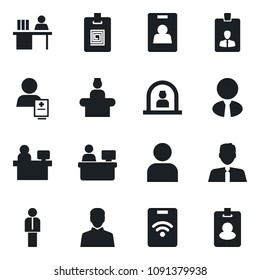 Set of vector isolated black icon - reception vector, manager, identity card, place, patient, user, desk, estate agent, pass
