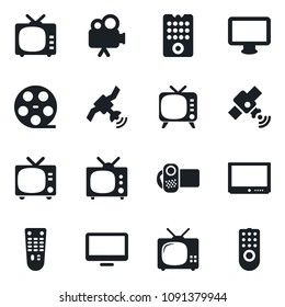 Set of vector isolated black icon - tv vector, reel, satellite, video camera, remote control, monitor