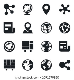 Set of vector isolated black icon - globe vector, earth, pin, consolidated cargo, network, share, news, social media