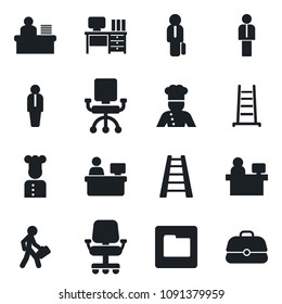 Set of vector isolated black icon - manager vector, desk, place, ladder, folder, cook, office chair, case