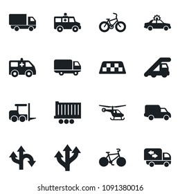 Set of vector isolated black icon - taxi vector, alarm car, fork loader, ladder, helicopter, ambulance, bike, route, truck trailer, delivery, moving