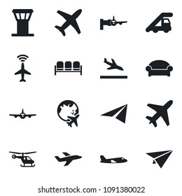 Set of vector isolated black icon - plane vector, airport tower, radar, arrival, waiting area, ladder car, boarding, helicopter, globe, paper