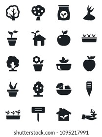 Set of vector isolated black icon - flower in pot vector, seedling, tree, sproute, plant label, fertilizer, fruit, salad, apple, eco house, palm