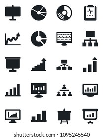Set of vector isolated black icon - growth statistic vector, presentation board, monitor, circle chart, pulse, clipboard, statistics, bar graph, pie, hierarchy