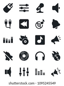 Set of vector isolated black icon - vinyl vector, flame disk, microphone, speaker, settings, equalizer, headphones, rewind, rca, tuning, bell, mute, music, sound, advertising