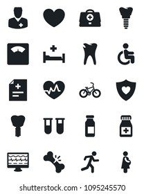 Set of vector isolated black icon - heart vector, pulse, monitor, doctor case, diagnosis, blood test vial, scales, pills bottle, ampoule, bike, run, shield, hospital bed, disabled, caries, implant