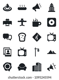 Set of vector isolated black icon - tv vector, stamp, garden light, dialog, rec button, photo gallery, office building, mountains, cushioned furniture, restaurant table, coffee, bread, water