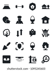 Set of vector isolated black icon - vip vector, trowel, tree, barbell, mobile tracking, record, data exchange, face id, house with, smart home, crane, estate insurance, cook, egg stand, warm floor